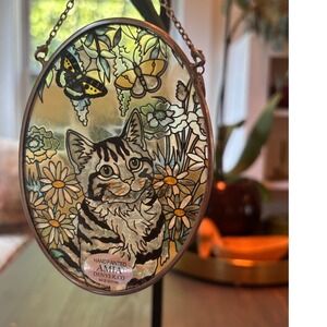AMIA Hand Painted Glass Suncatcher Tabby Cat Butterflies Daisies Oval 4.5"
